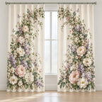 First Birthday Garden Arch Window Curtain Pair with dimensional printed themed artwork; representative AI-generated mockup.