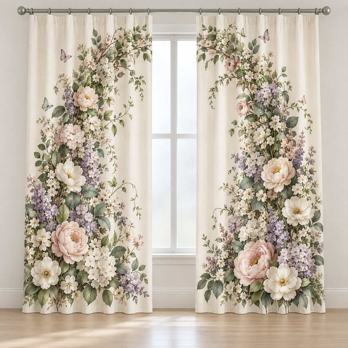First Birthday Garden Arch Window Curtain Pair with dimensional printed themed artwork; representative AI-generated mockup.