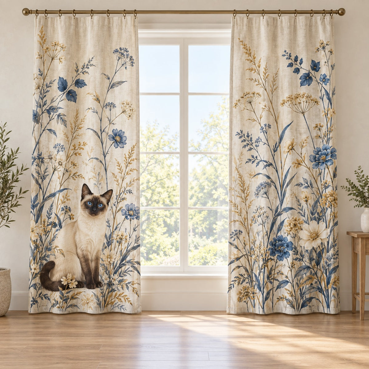 Siamese Cat Companion Window Curtain Pair with dimensional printed themed artwork; representative AI-generated mockup.