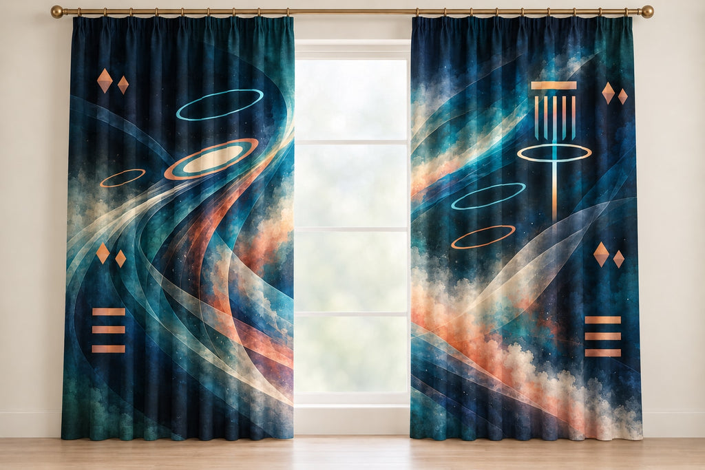Aerochain Meridian Window Curtain Pair with dimensional printed themed artwork; representative AI-generated mockup.