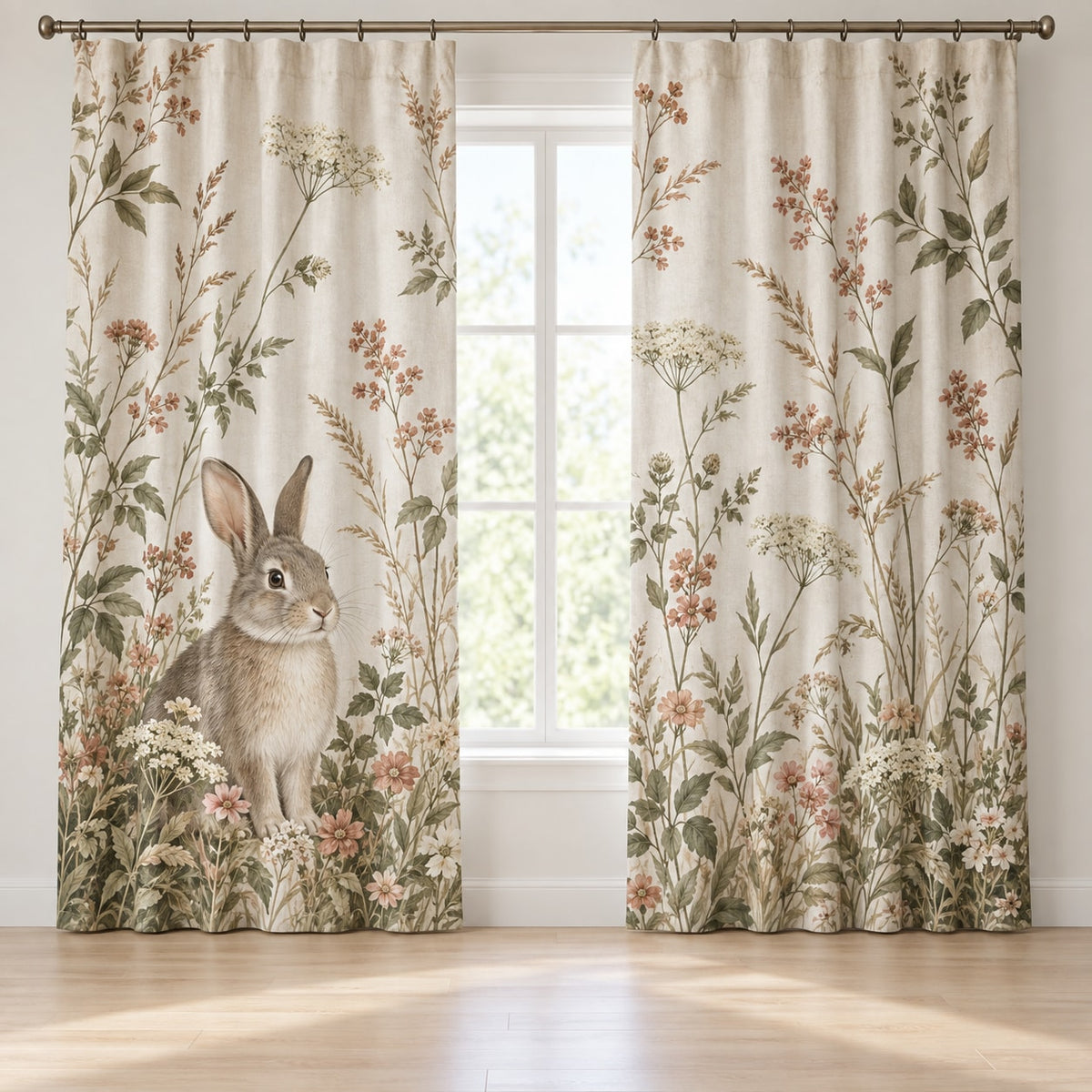 House Rabbit Companion Window Curtain Pair with dimensional printed themed artwork; representative AI-generated mockup.