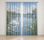 Swan and Reeds Window Curtain Pair with dimensional printed themed artwork; representative AI-generated mockup.