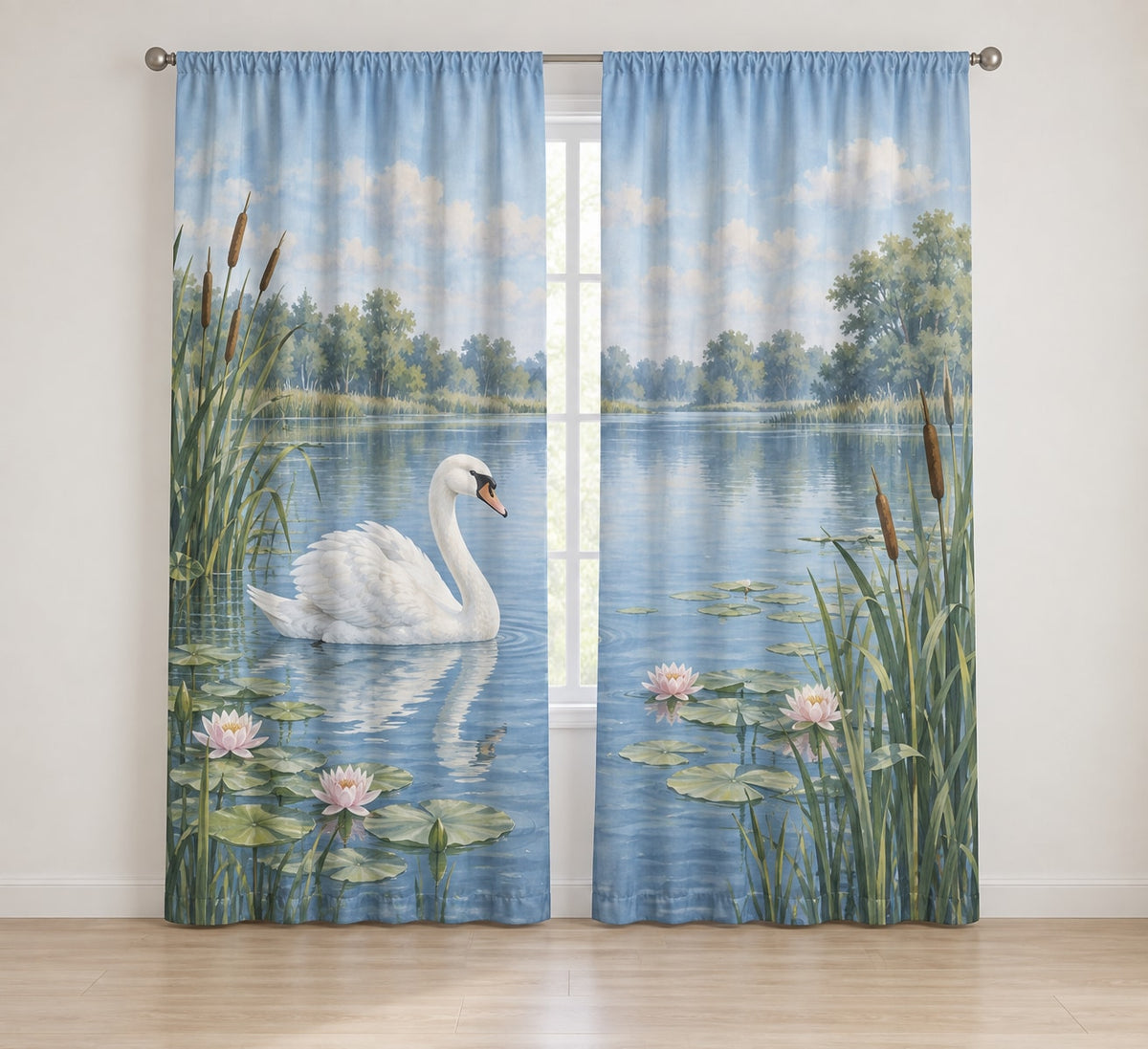 Swan and Reeds Window Curtain Pair with dimensional printed themed artwork; representative AI-generated mockup.
