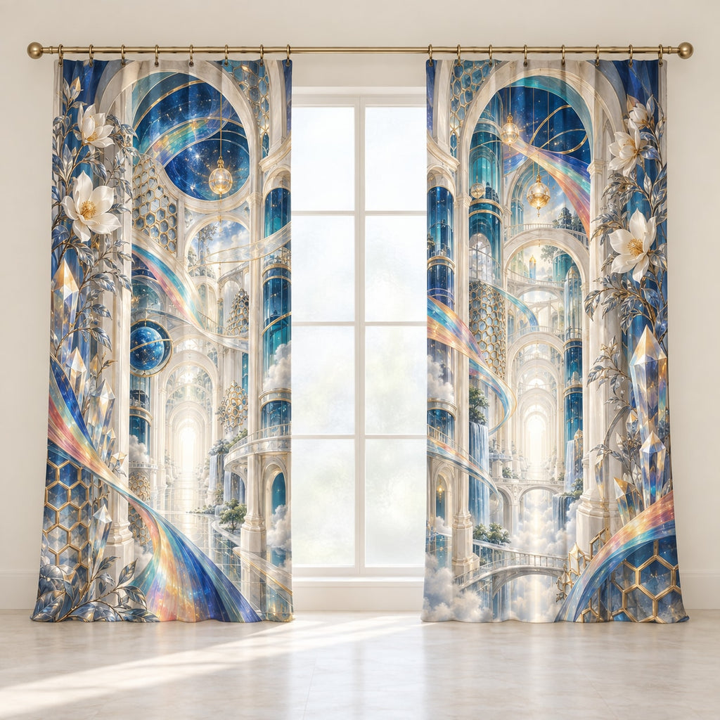 Laboratory Discovery Atrium Window Curtain Pair with dimensional printed themed artwork; representative AI-generated mockup.