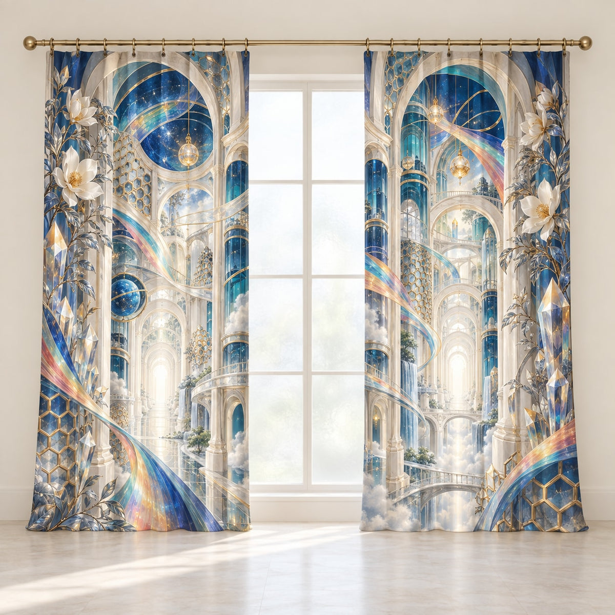 Laboratory Discovery Atrium Window Curtain Pair with dimensional printed themed artwork; representative AI-generated mockup.