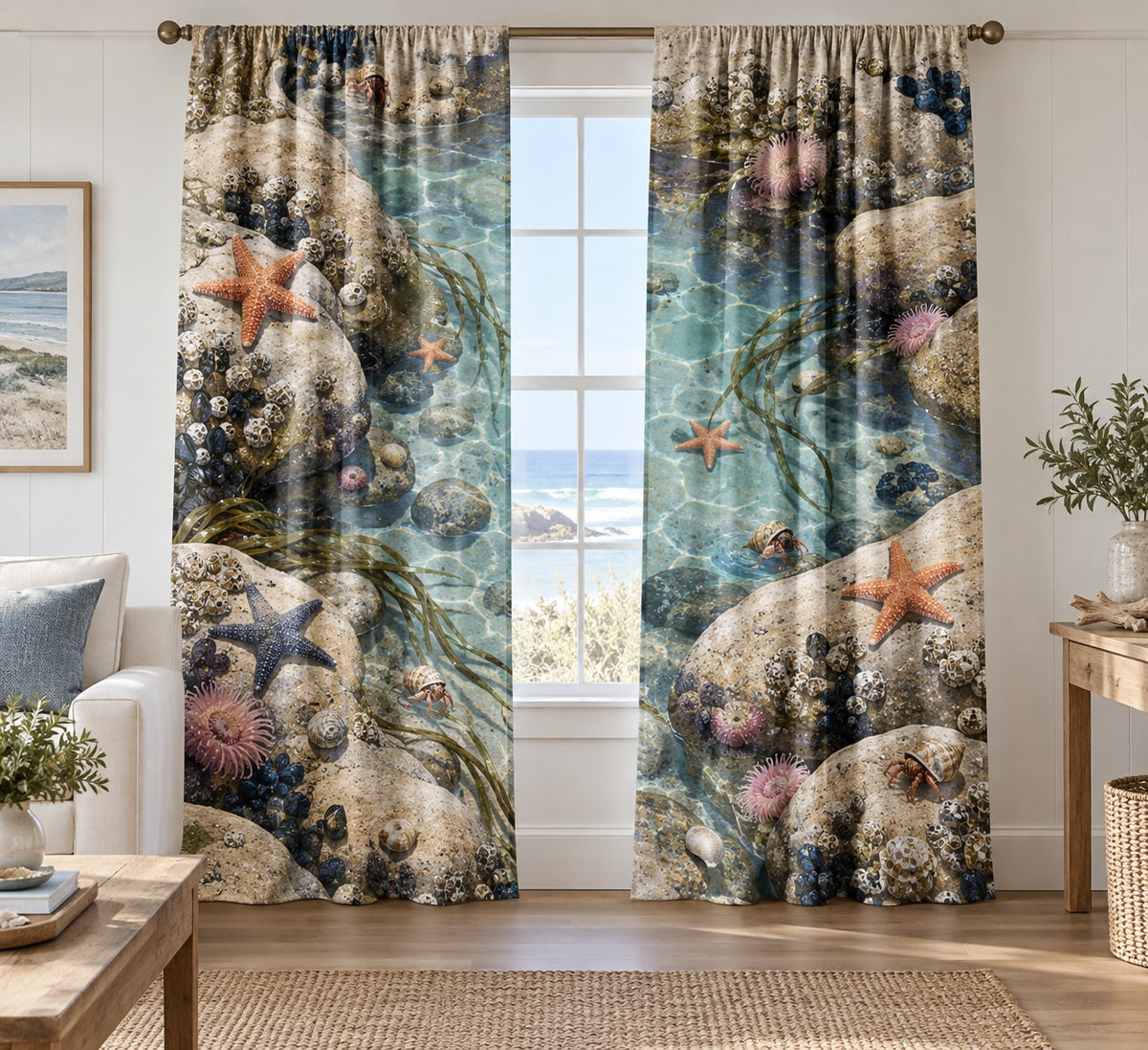 Tide Pool Creatures Window Curtain Pair with dimensional printed themed artwork; representative AI-generated mockup.