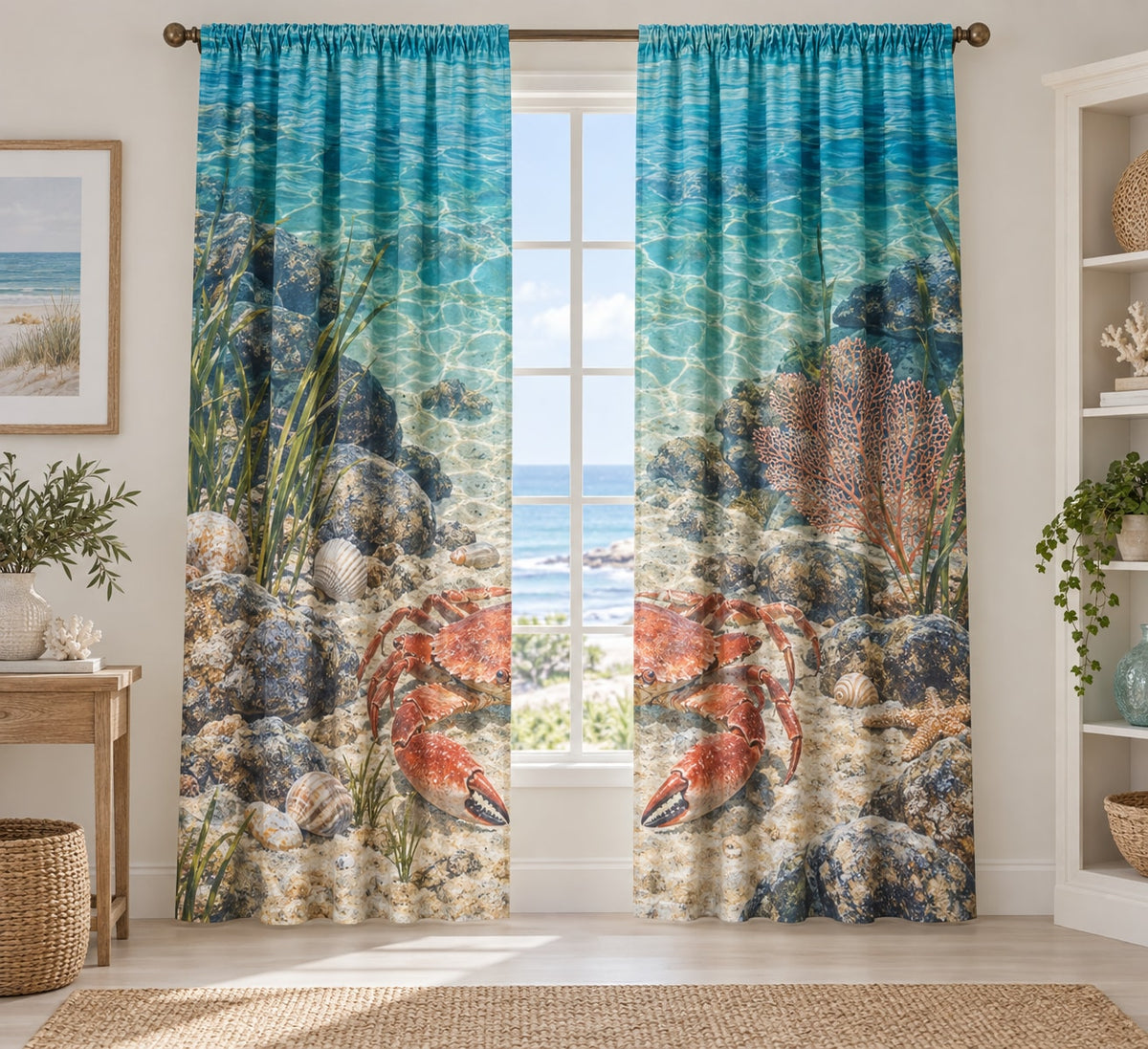 Crab Tidal Pool Window Curtain Pair with dimensional printed themed artwork; representative AI-generated mockup.
