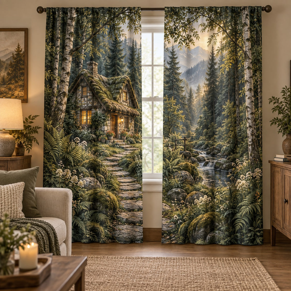 Woodland Cottage Window Curtain Pair with dimensional printed themed artwork; representative AI-generated mockup.