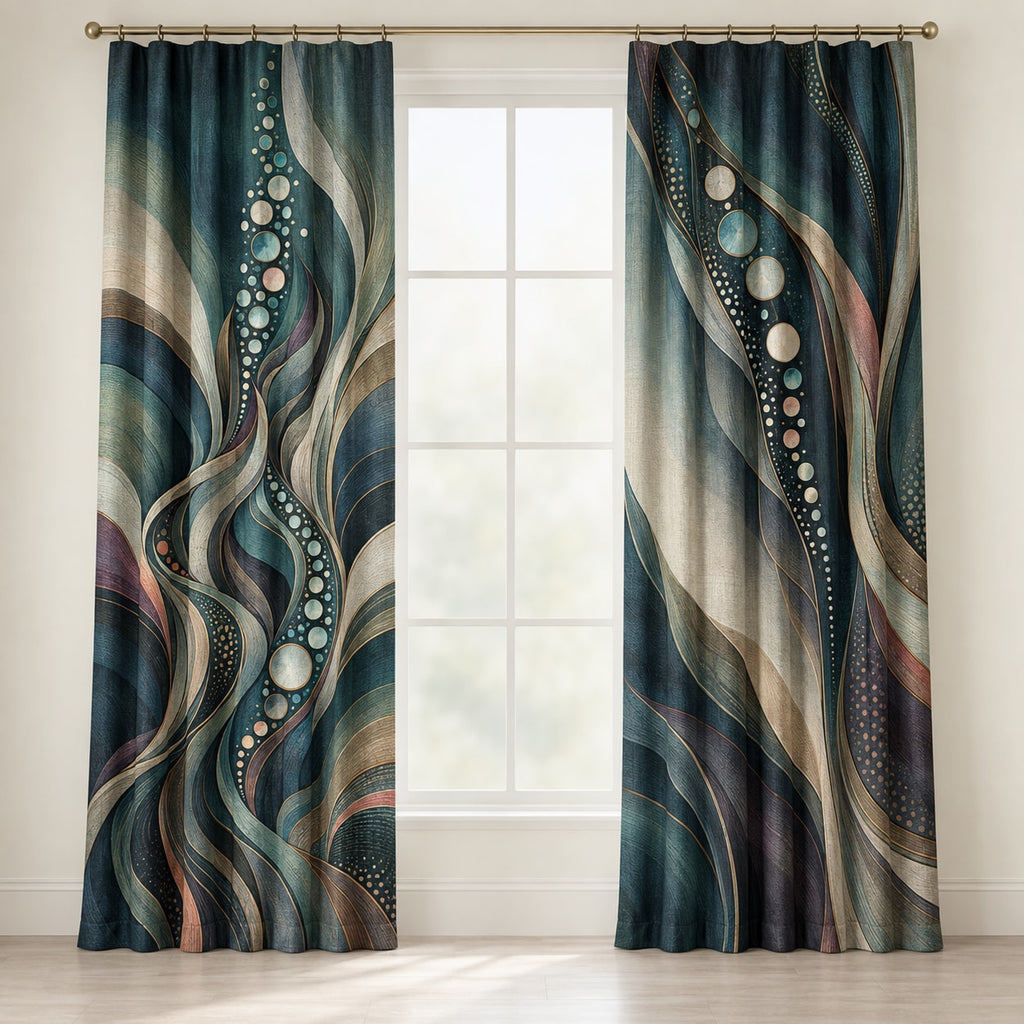 Luminous Aquascape Terraces Window Curtain Pair with dimensional printed themed artwork; representative AI-generated mockup.