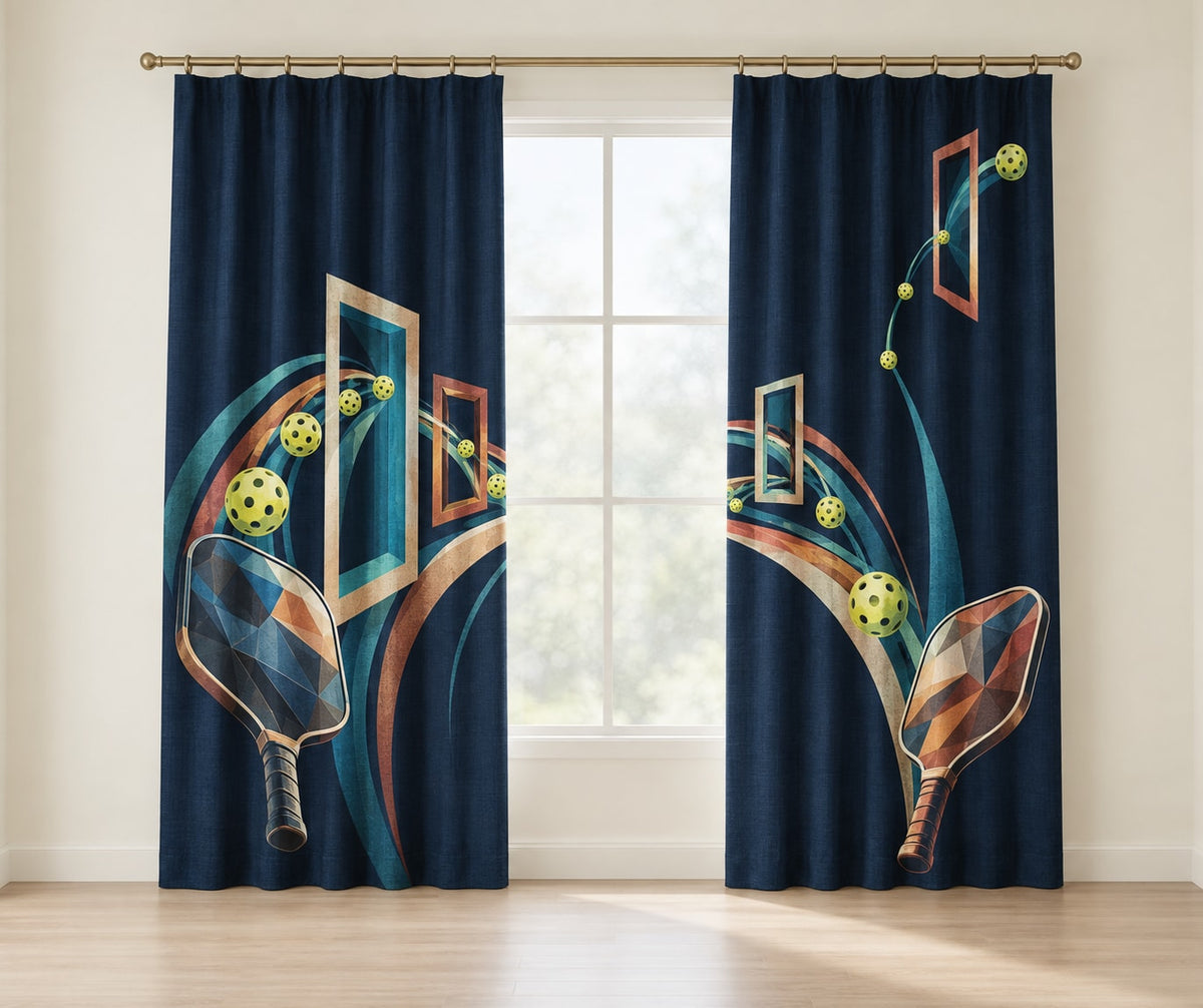 Midnight Dink Detour Window Curtain Pair with dimensional printed themed artwork; representative AI-generated mockup.
