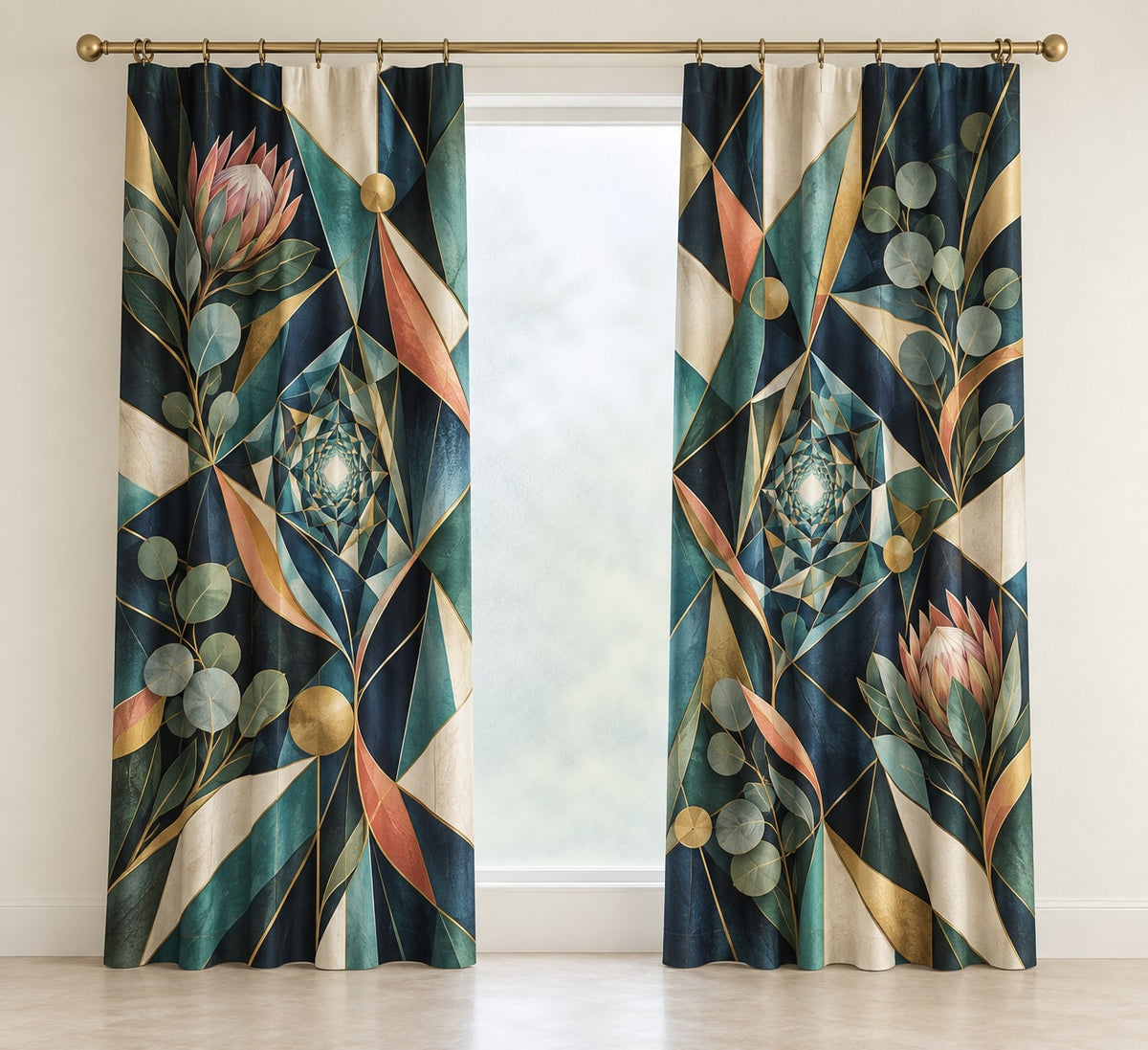 Venture Prism Atelier Window Curtain Pair with dimensional printed themed artwork; representative AI-generated mockup.