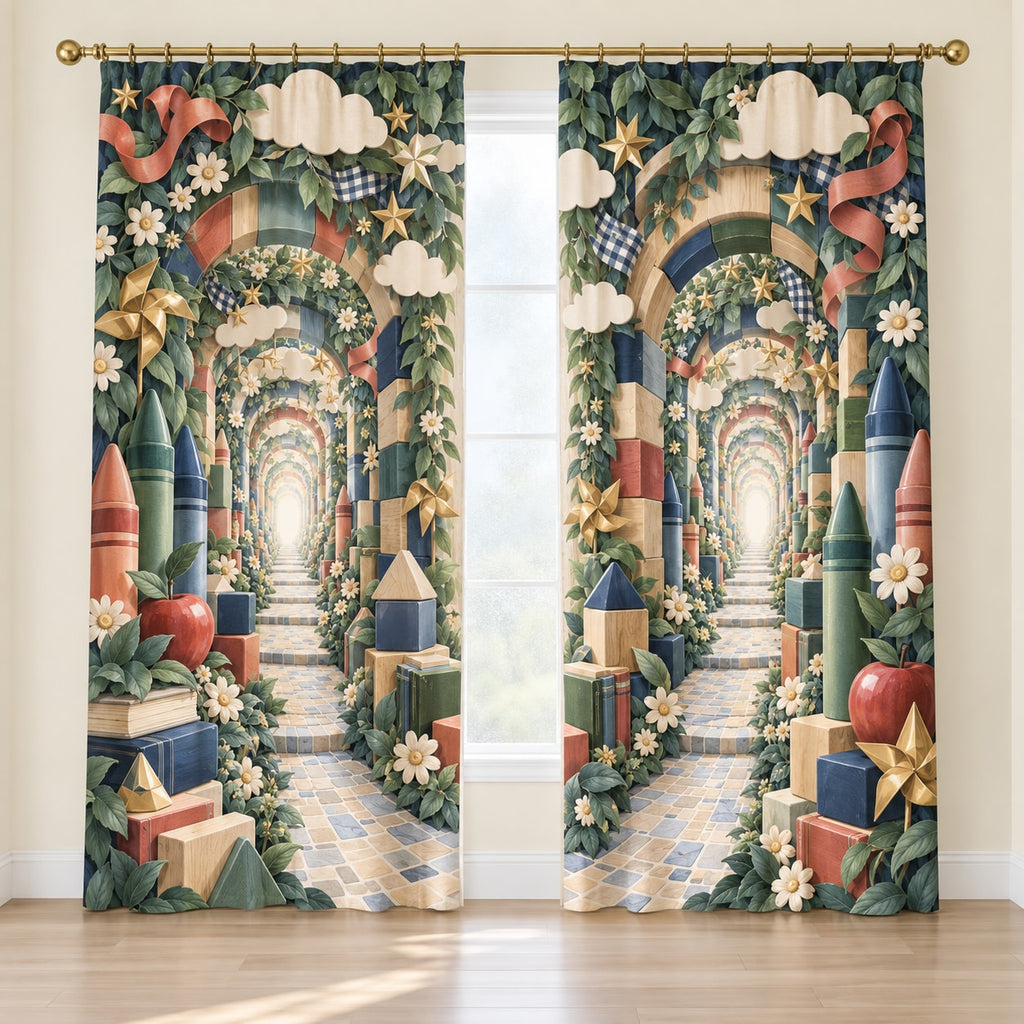 Kindergarten Wonder Garden Window Curtain Pair with dimensional printed themed artwork; representative AI-generated mockup.
