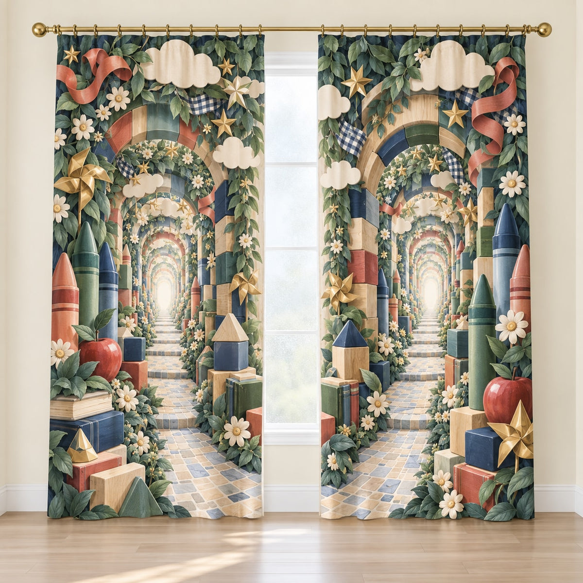 Kindergarten Wonder Garden Window Curtain Pair with dimensional printed themed artwork; representative AI-generated mockup.