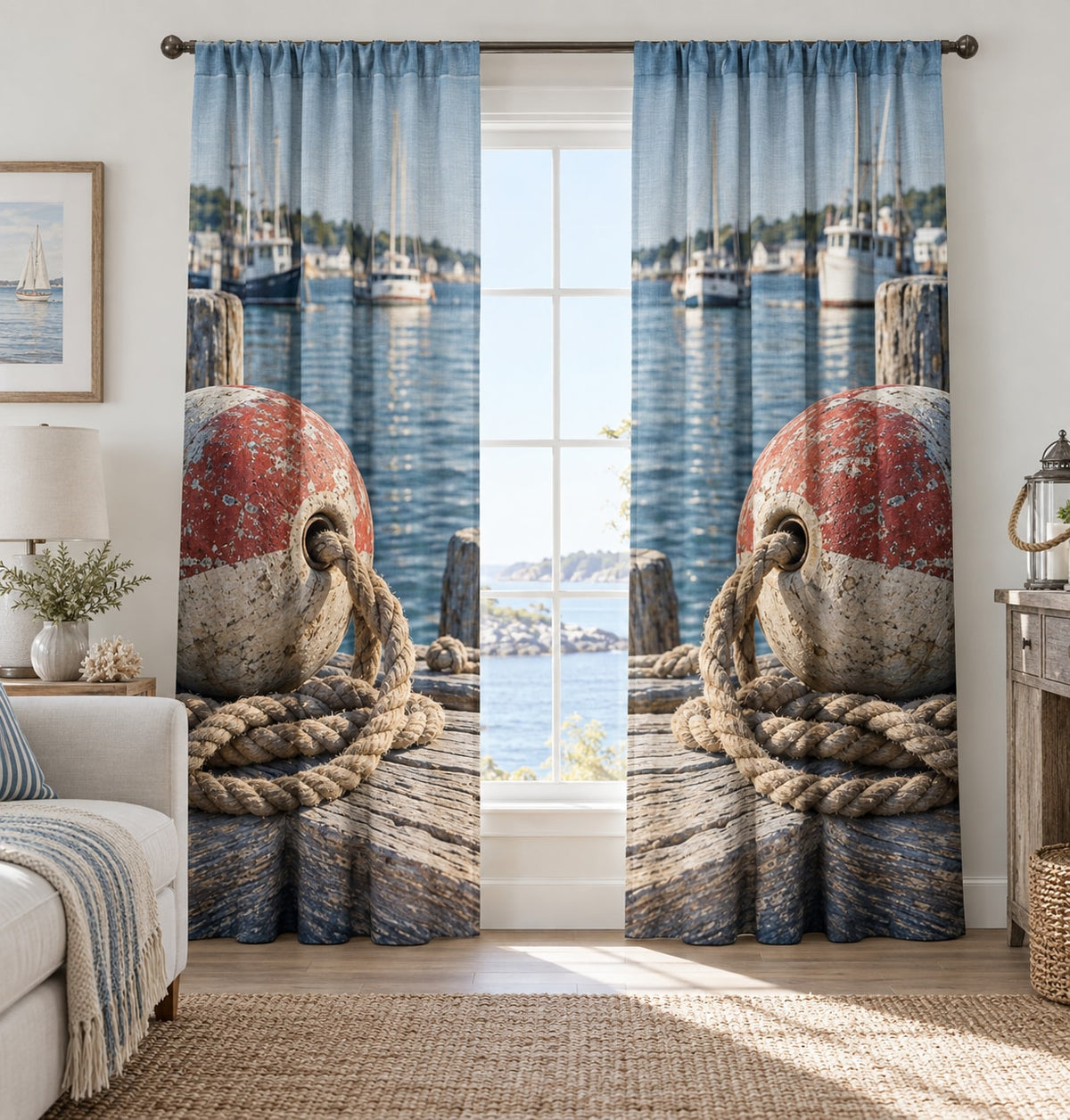 Buoy and Rope Window Curtain Pair with dimensional printed themed artwork; representative AI-generated mockup.