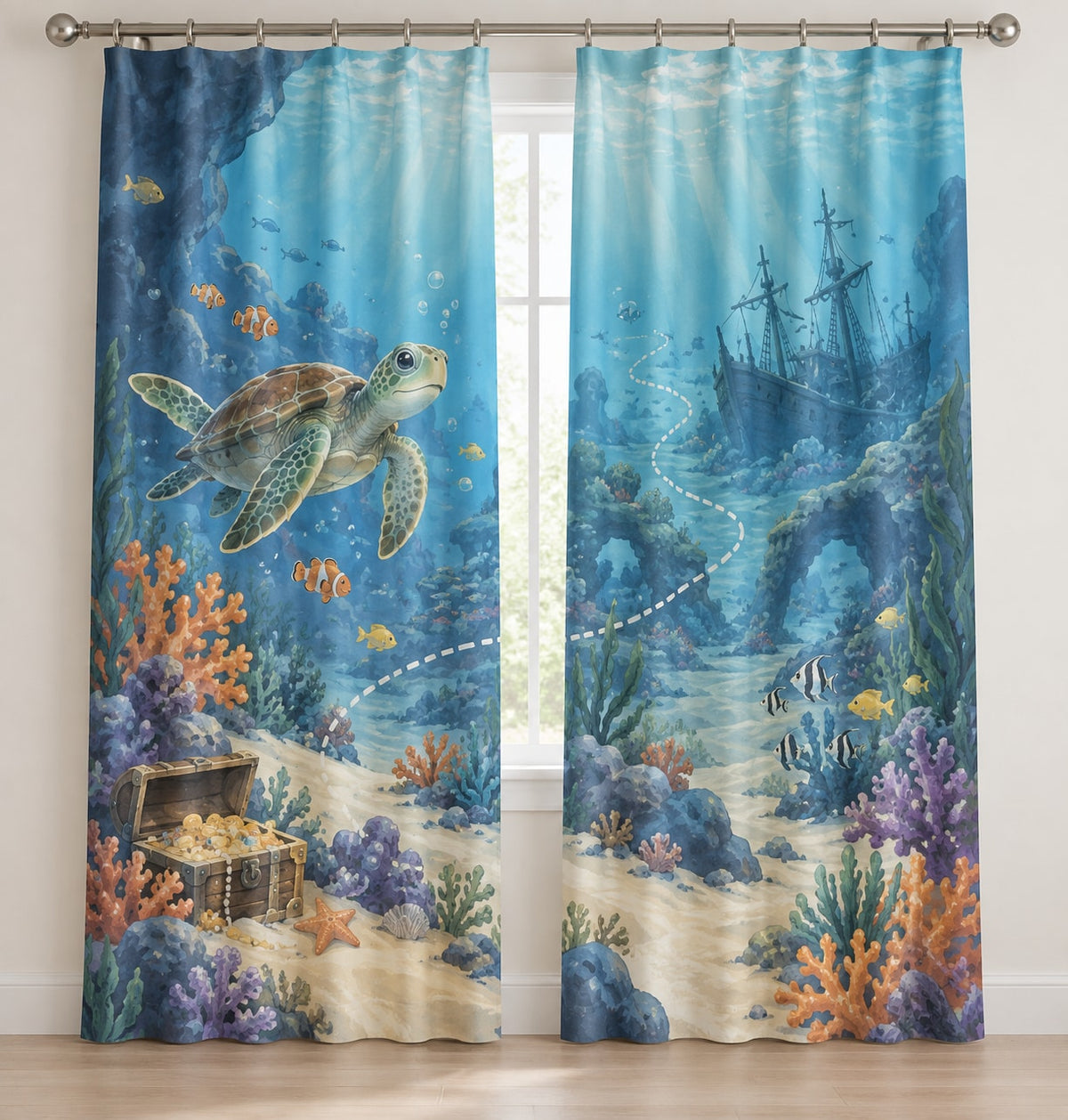 Underwater Treasure Map Window Curtain Pair with dimensional printed themed artwork; representative AI-generated mockup.