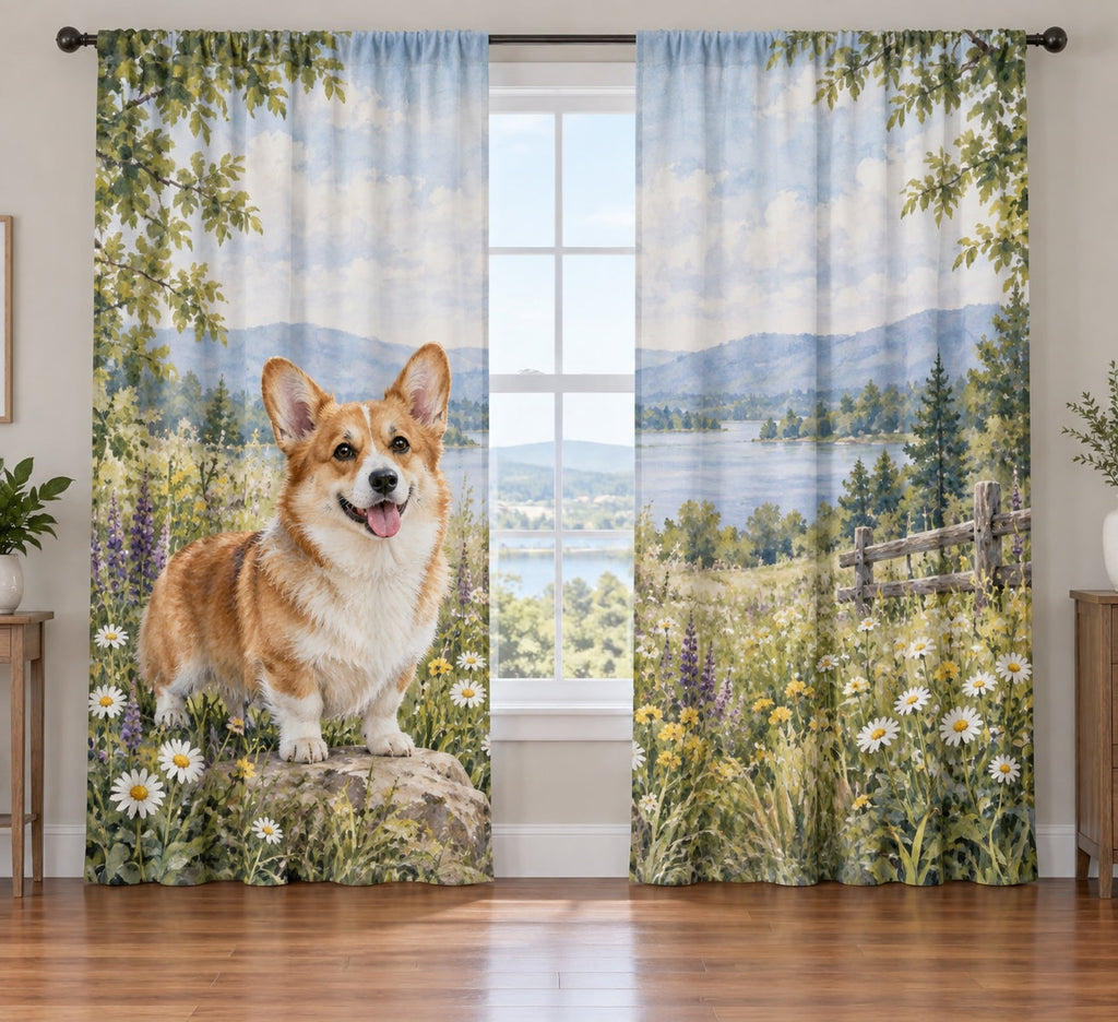 Corgi Window Curtain Pair with dimensional printed themed artwork; representative AI-generated mockup.