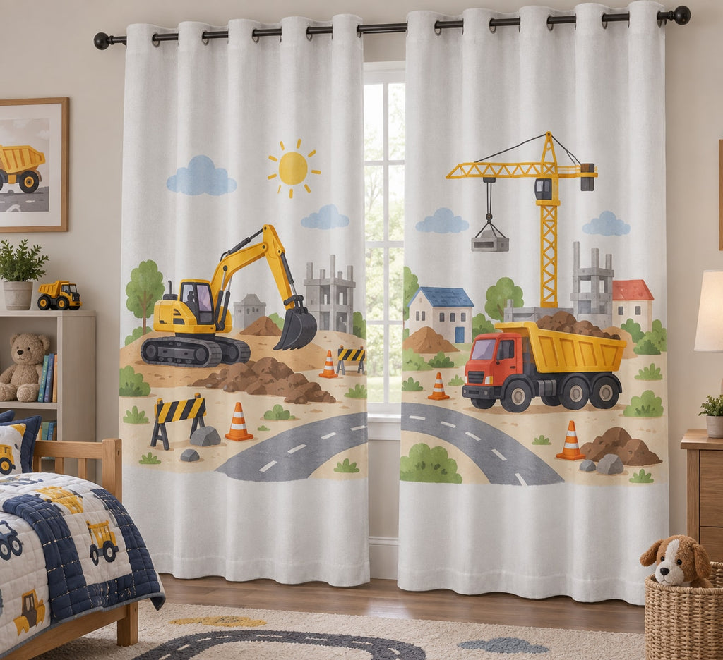 Construction Vehicle Town Window Curtain Pair with dimensional printed themed artwork; representative AI-generated mockup.