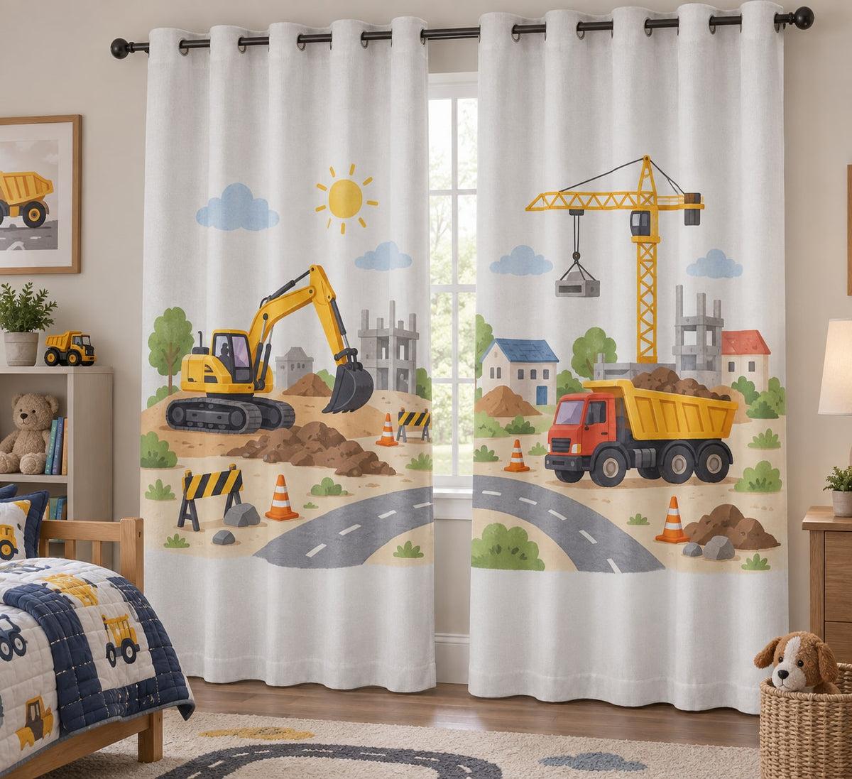 Construction Vehicle Town Window Curtain Pair with dimensional printed themed artwork; representative AI-generated mockup.