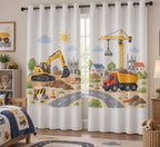 Construction Vehicle Town Window Curtain Pair with dimensional printed themed artwork; representative AI-generated mockup.