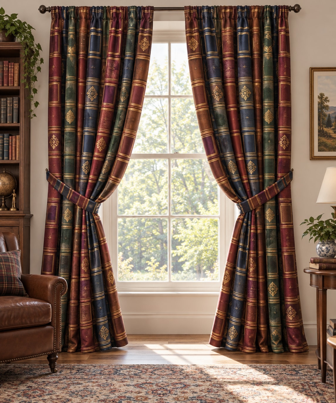 Anonymous Book Spines Window Curtain Pair with dimensional printed themed artwork; representative AI-generated mockup.