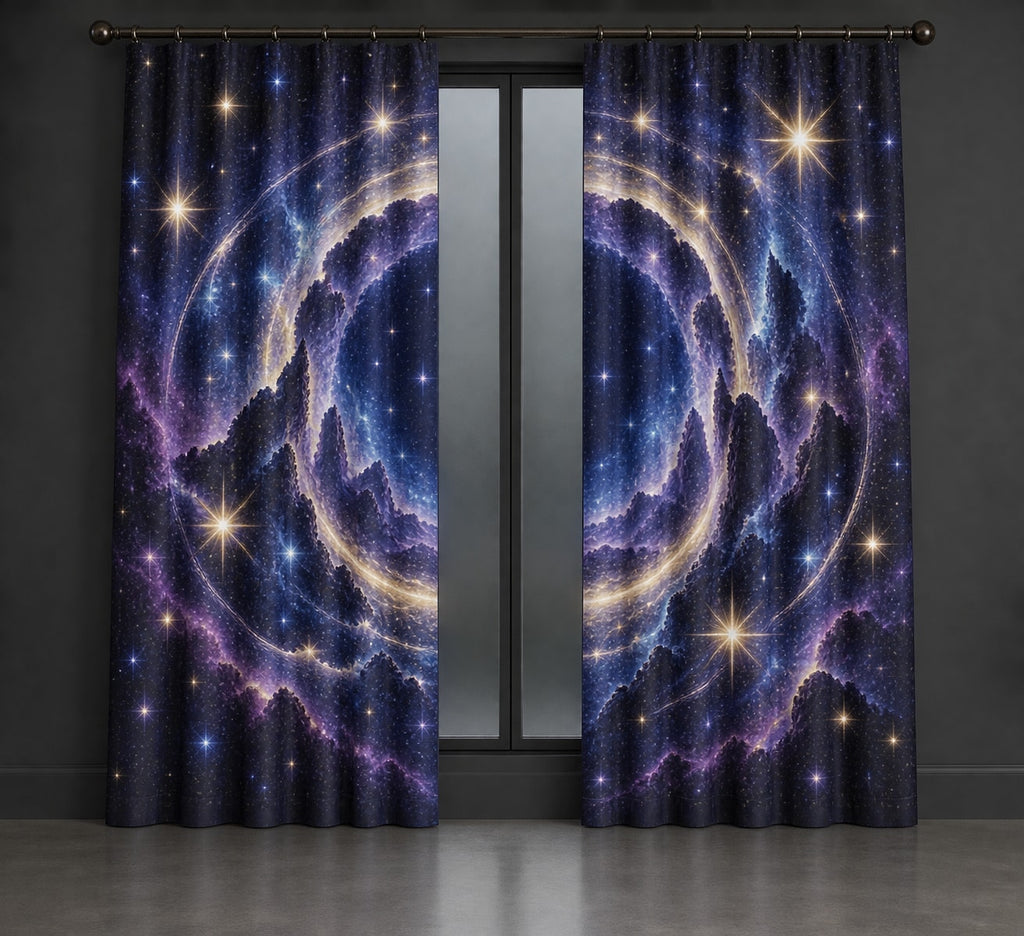 Milestone Birthday Star Portal Window Curtain Pair with dimensional printed themed artwork; representative AI-generated mockup.