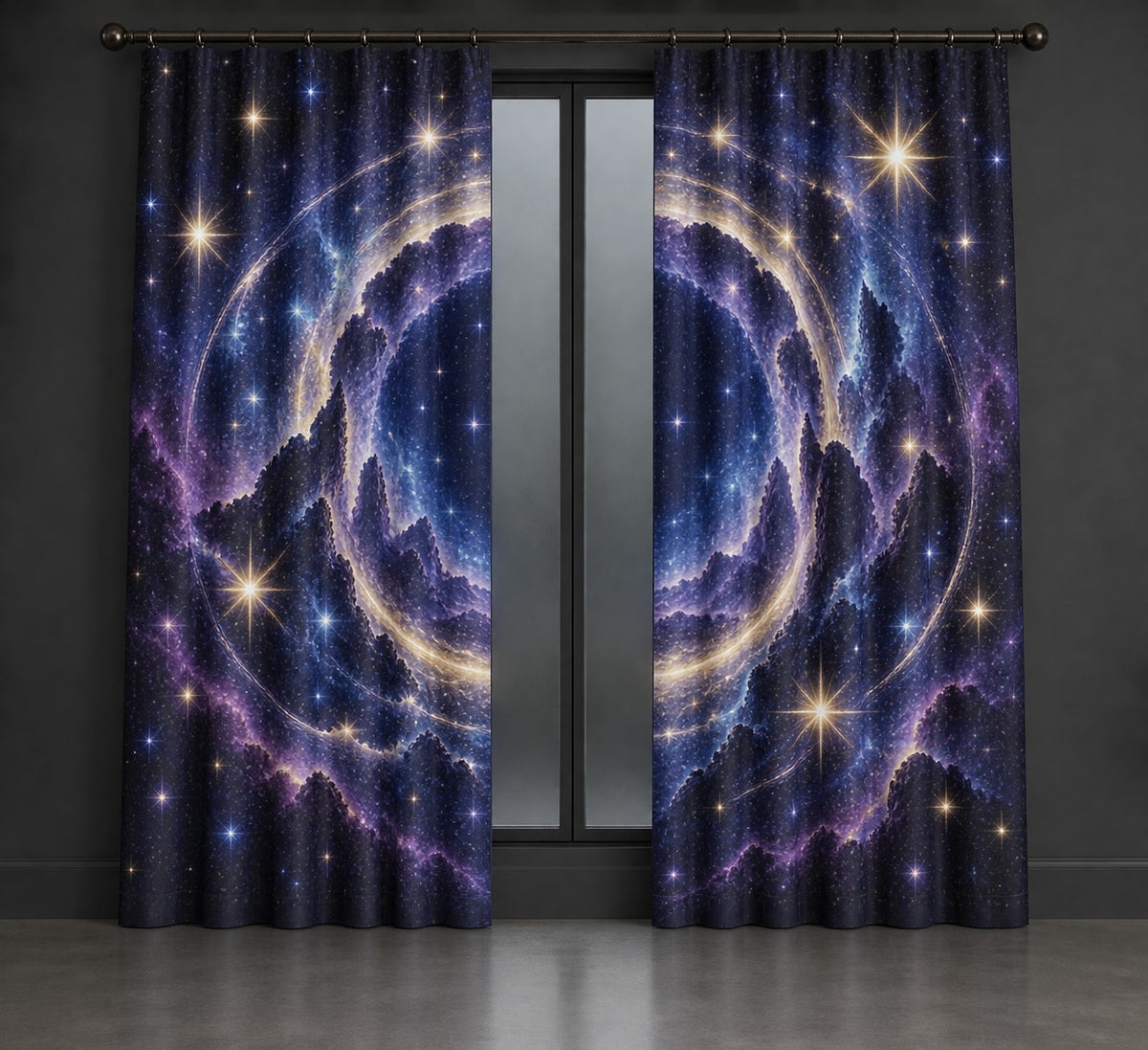 Milestone Birthday Star Portal Window Curtain Pair with dimensional printed themed artwork; representative AI-generated mockup.