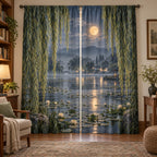 Moonlit Willow Pond Window Curtain Pair with dimensional printed themed artwork; representative AI-generated mockup.