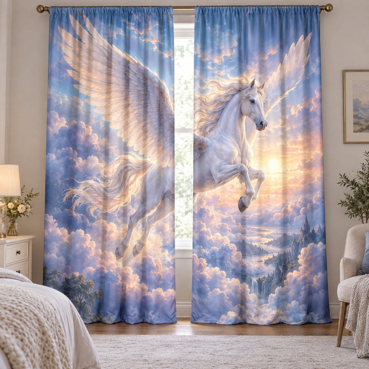 Pegasus Cloudscape Window Curtain Pair with dimensional printed themed artwork; representative AI-generated mockup.