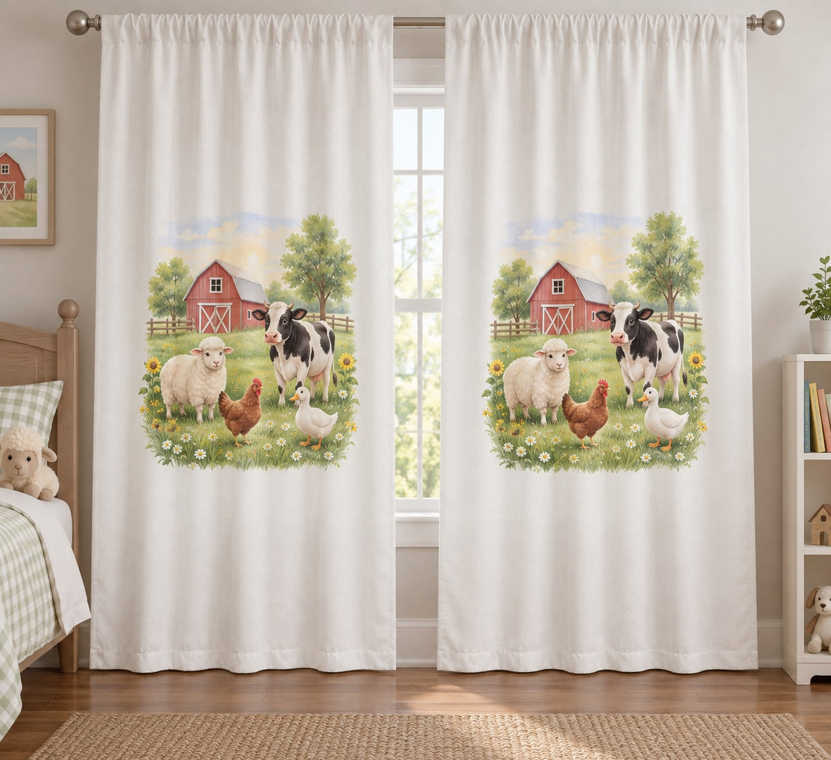 Farm Animal Morning Window Curtain Pair with dimensional printed themed artwork; representative AI-generated mockup.