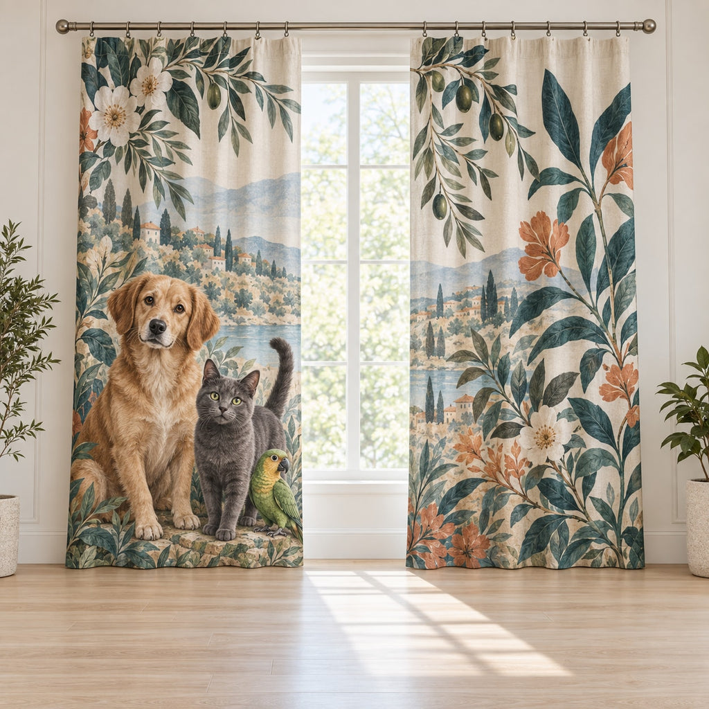 Multi Pet Household Window Curtain Pair with dimensional printed themed artwork; representative AI-generated mockup.
