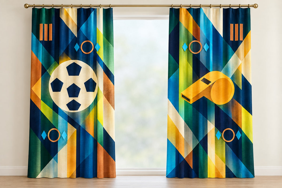 Touchline Signal Prism Window Curtain Pair with dimensional printed themed artwork; representative AI-generated mockup.