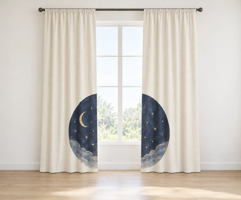 Celestial Wedding Night Window Curtain Pair with dimensional printed themed artwork; representative AI-generated mockup.