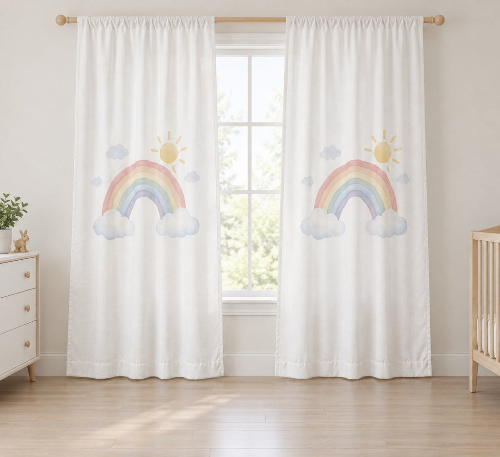 Rainbow Weather Window Curtain Pair with dimensional printed themed artwork; representative AI-generated mockup.