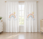 Rainbow Weather Window Curtain Pair with dimensional printed themed artwork; representative AI-generated mockup.
