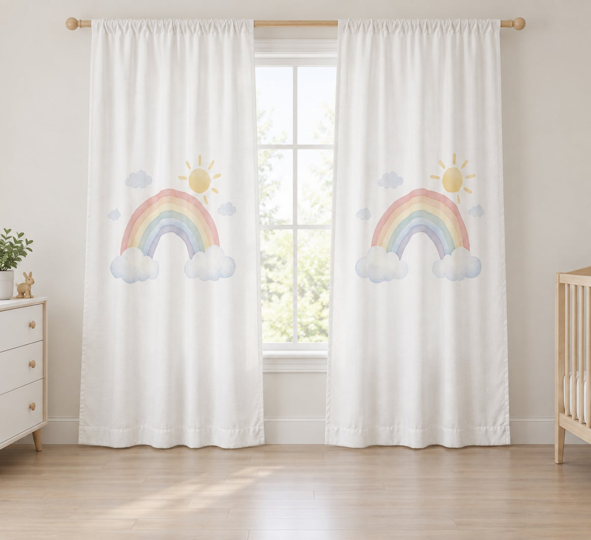 Rainbow Weather Window Curtain Pair with dimensional printed themed artwork; representative AI-generated mockup.