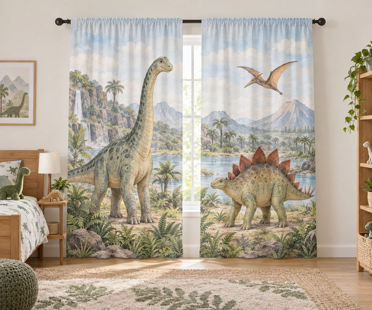 Dinosaur Discovery Window Curtain Pair with dimensional printed themed artwork; representative AI-generated mockup.