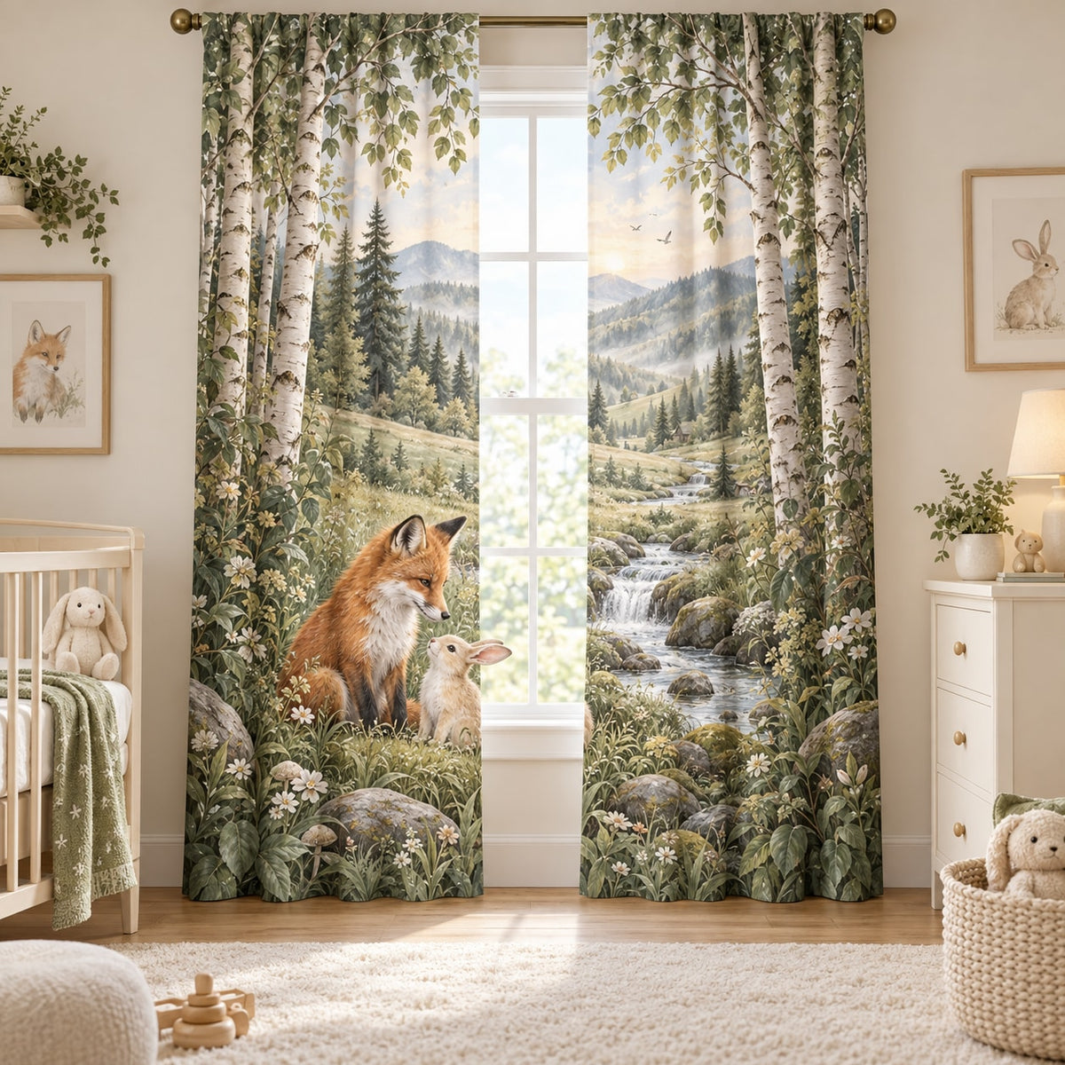 Sage Fox and Bunny Window Curtain Pair with dimensional printed themed artwork; representative AI-generated mockup.