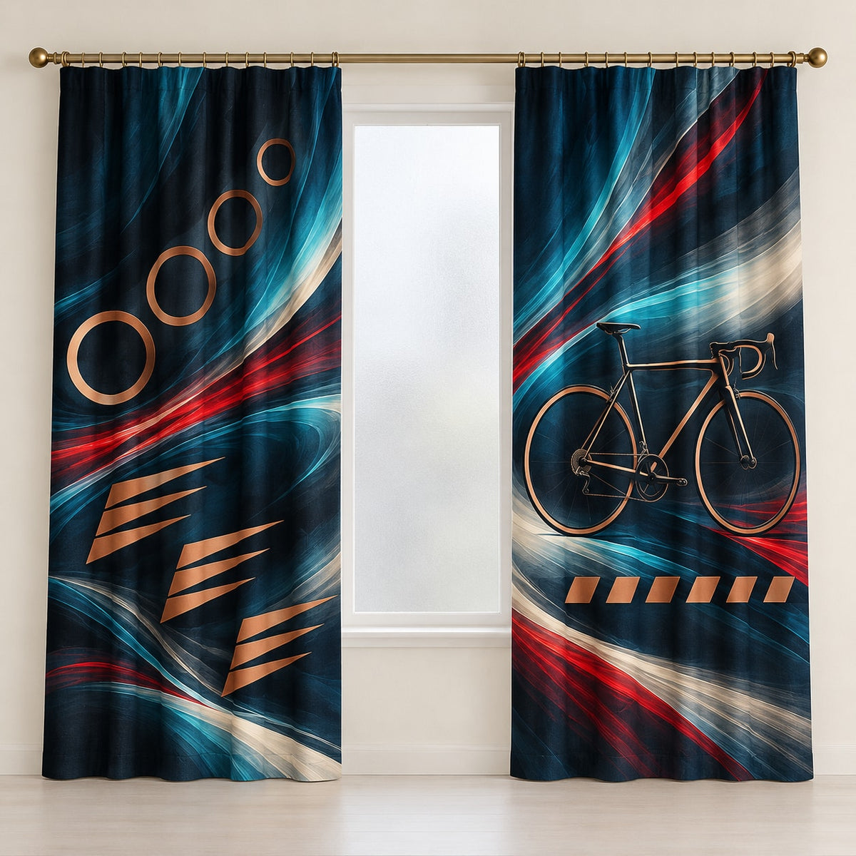 Slipstream Aurora Circuit Window Curtain Pair with dimensional printed themed artwork; representative AI-generated mockup.