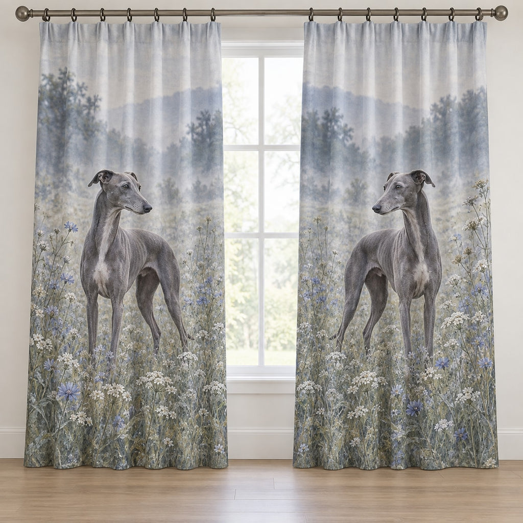 Greyhound Window Curtain Pair with dimensional printed themed artwork; representative AI-generated mockup.