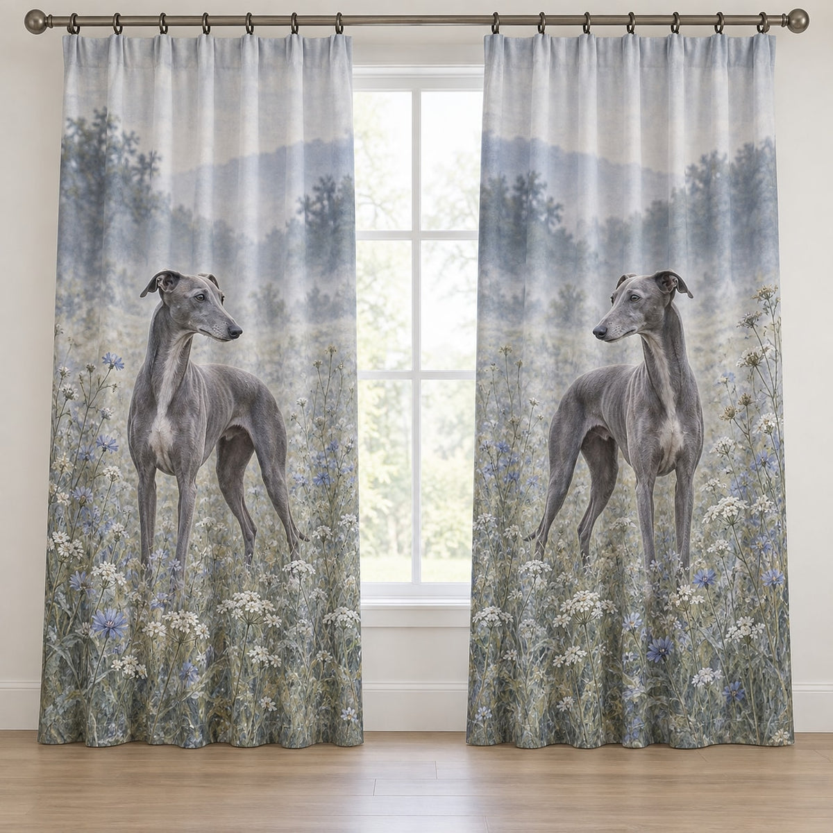 Greyhound Window Curtain Pair with dimensional printed themed artwork; representative AI-generated mockup.