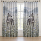 Greyhound Window Curtain Pair with dimensional printed themed artwork; representative AI-generated mockup.