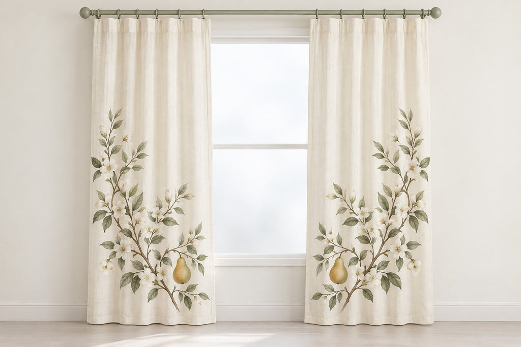 Orchard Wedding Wreath Window Curtain Pair with dimensional printed themed artwork; representative AI-generated mockup.