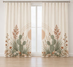 Desert Botanical Arch Window Curtain Pair with dimensional printed themed artwork; representative AI-generated mockup.