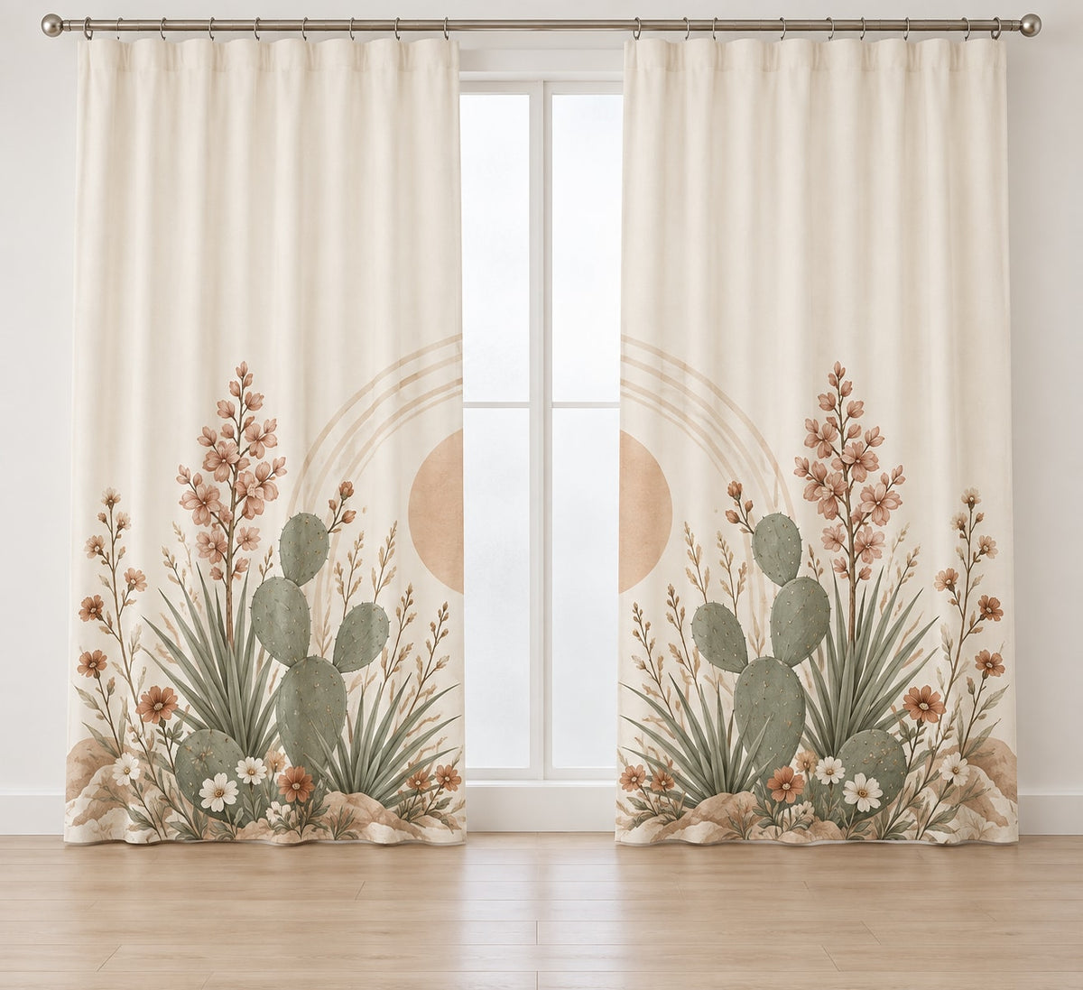 Desert Botanical Arch Window Curtain Pair with dimensional printed themed artwork; representative AI-generated mockup.