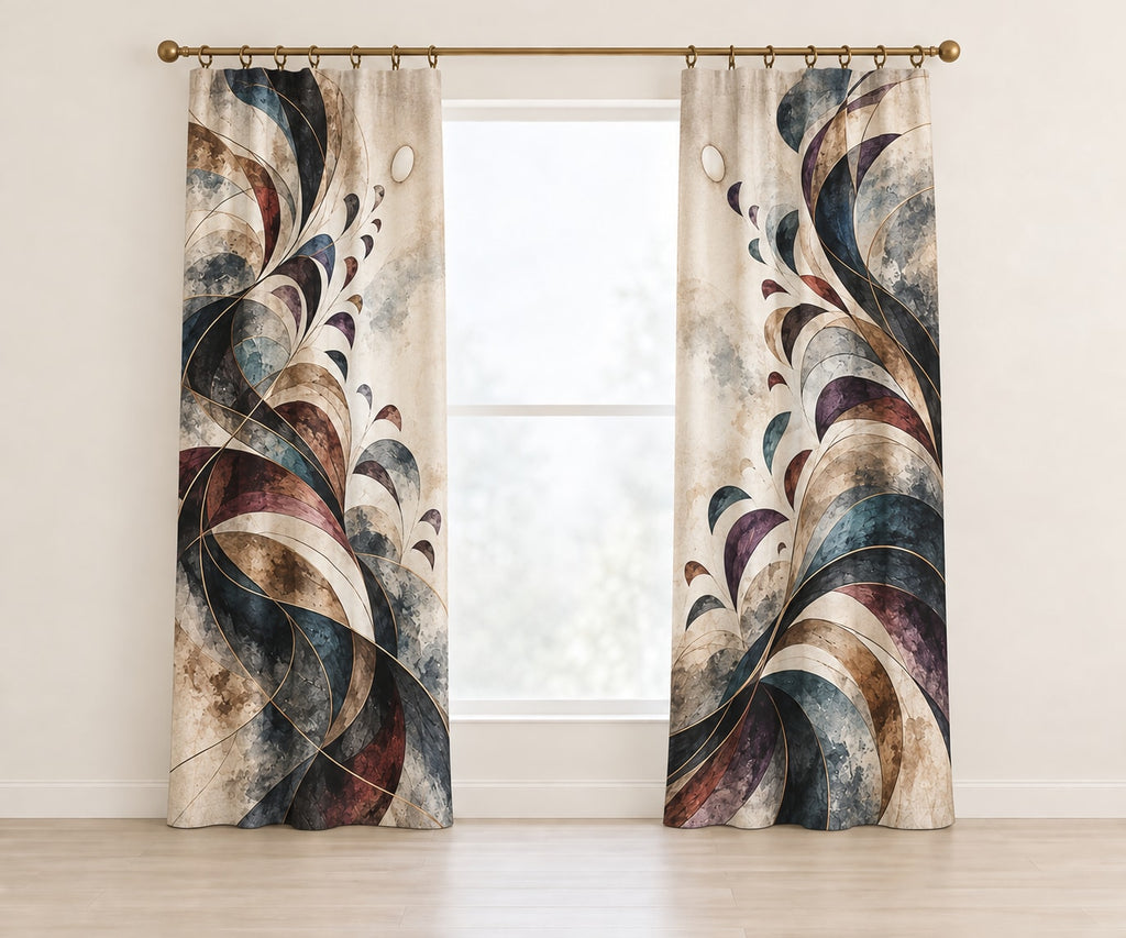Cadence Inkfold Window Curtain Pair with dimensional printed themed artwork; representative AI-generated mockup.