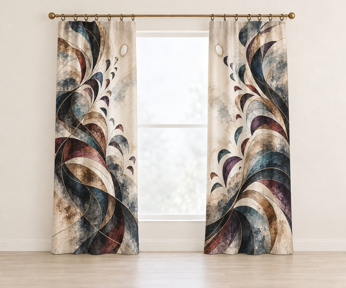 Cadence Inkfold Window Curtain Pair with dimensional printed themed artwork; representative AI-generated mockup.