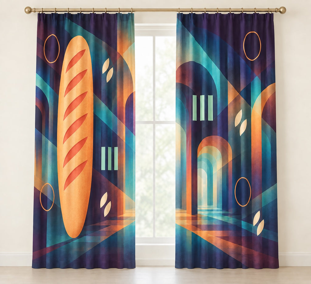 Baguette Aurora Relay Window Curtain Pair with dimensional printed themed artwork; representative AI-generated mockup.