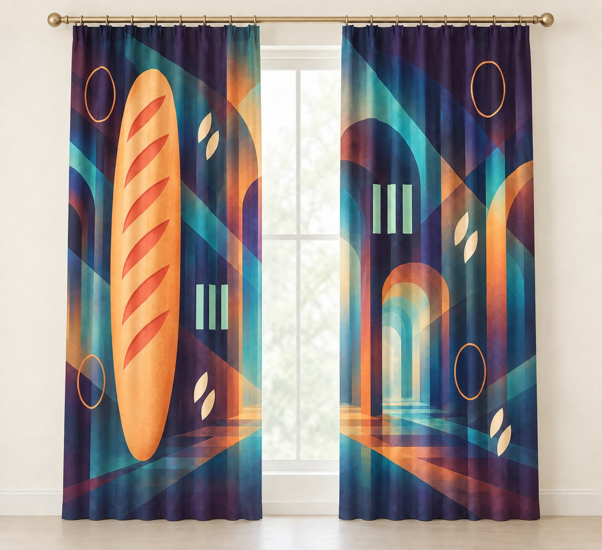 Baguette Aurora Relay Window Curtain Pair with dimensional printed themed artwork; representative AI-generated mockup.