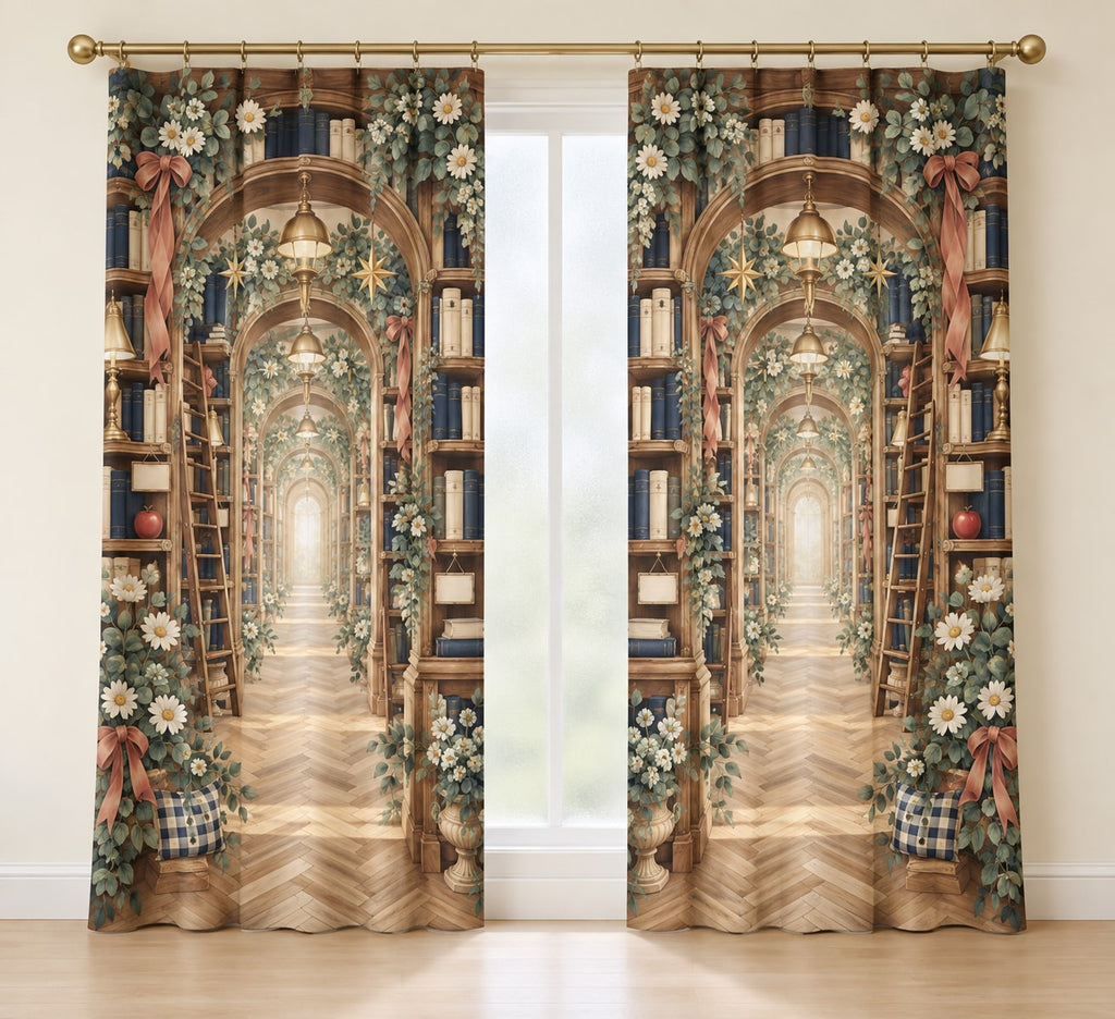 Storybook Library Conservatory Window Curtain Pair with dimensional printed themed artwork; representative AI-generated mockup.
