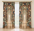 Storybook Library Conservatory Window Curtain Pair with dimensional printed themed artwork; representative AI-generated mockup.